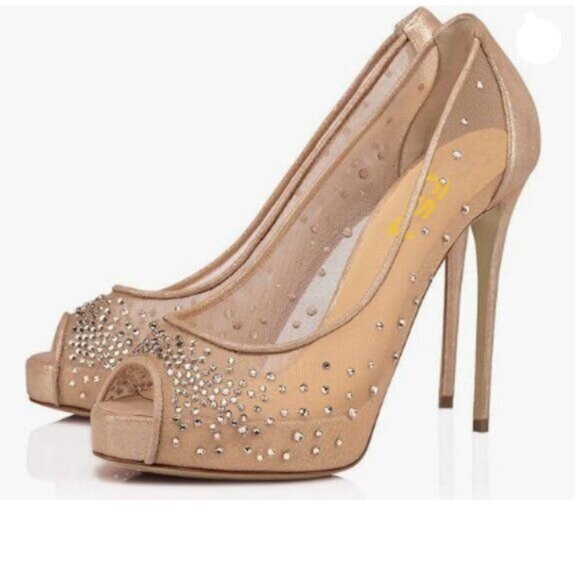 FSJ Shoes - FSJ Nude Peep Toe Pumps Mesh Rhinestones Stiletto High Heels Slip On Shoes